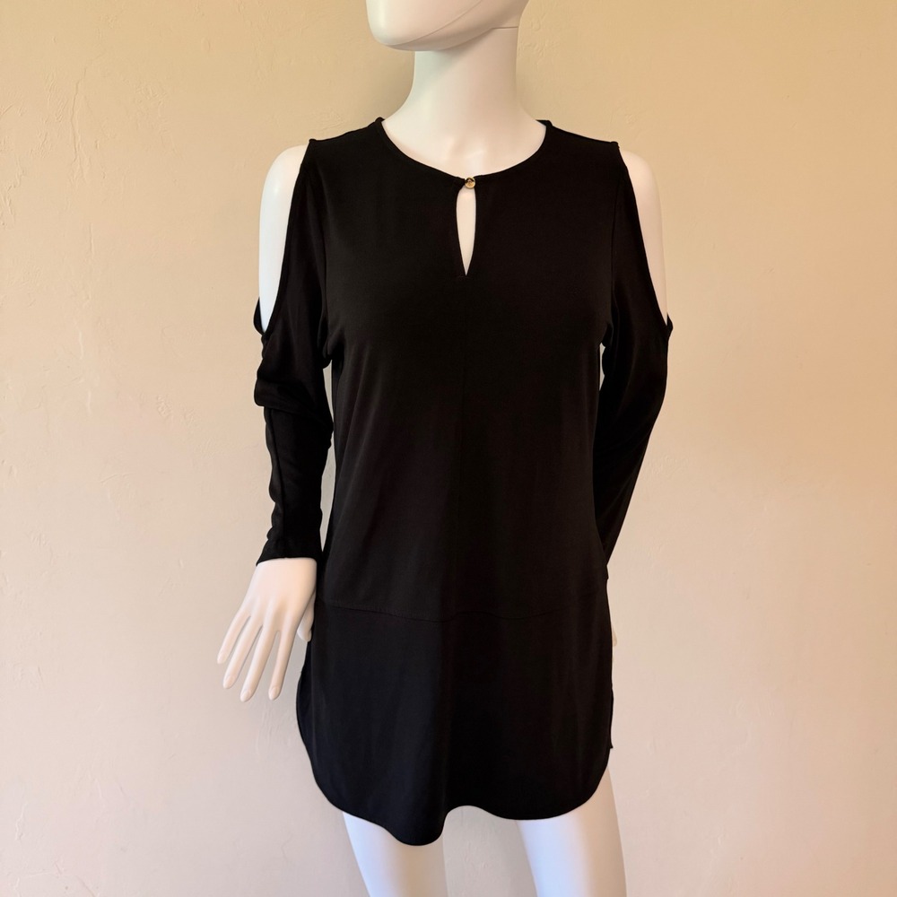 Lauren Ralph Lauren Women's Black Cold Shoulder Keyhole Tunic Top Gold Button M
